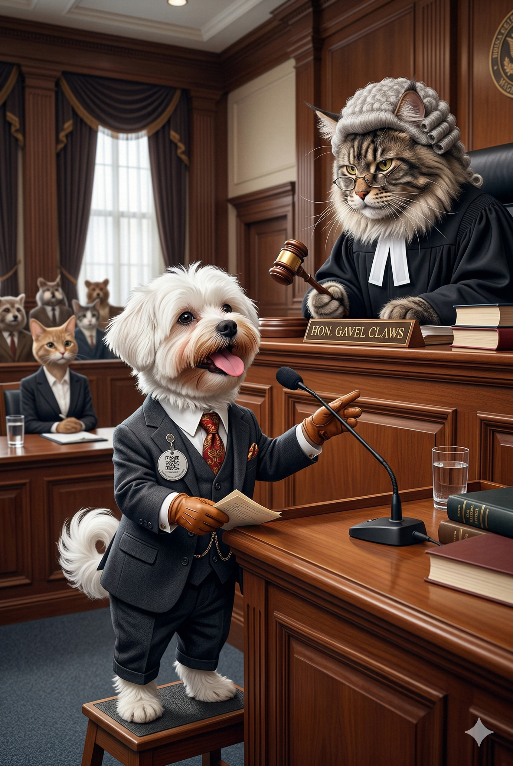 Avocat au tribunal face a un juge chat