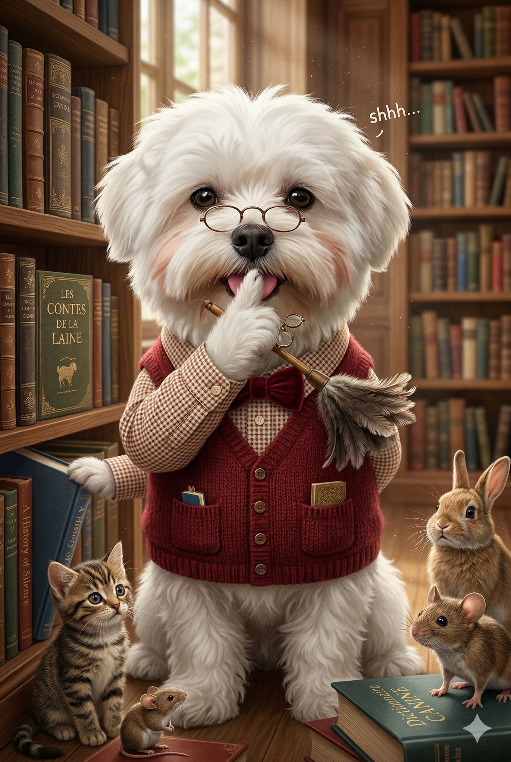 Bibliothecaire au travail qui range les livres et fait chuuut a des animaux